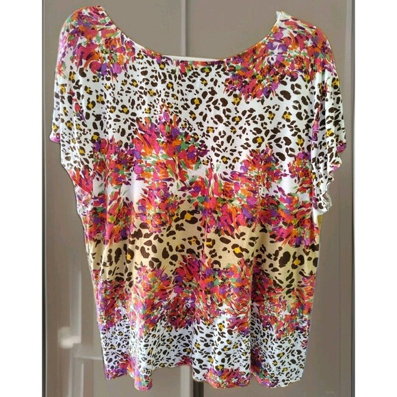 LYS Blouse Size 1X Floral Tie Rayon Short Sleeve V Neck - Picture 3 of 7